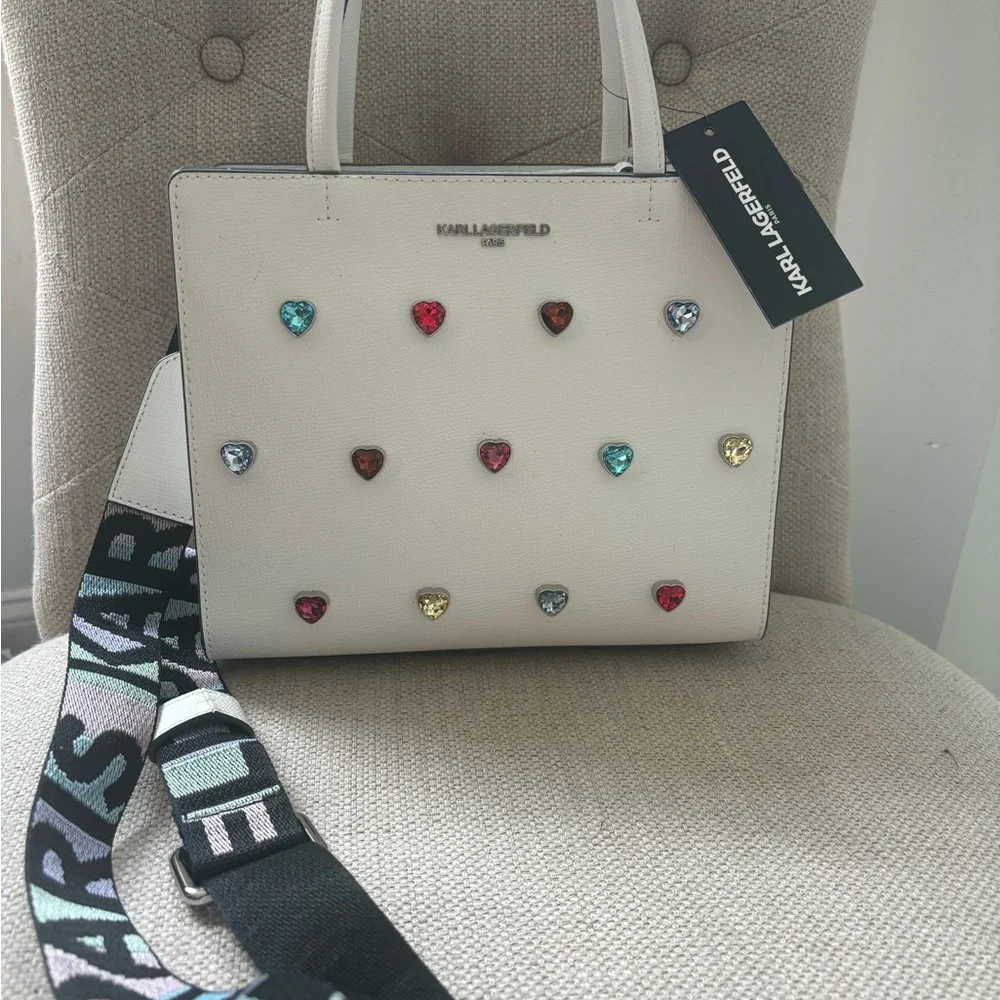 Karl Lagerfeld White Cross Body Bag with crystal Heart Embellishments - Picture 3 of 8